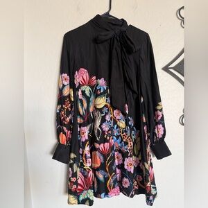 MAEVE Anthropologie Floral w/ Animal Motif Black Dress with Neck Bow Detail - Sm